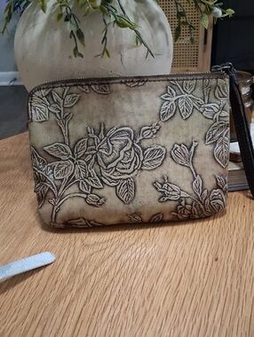 Patricia Nash Beige Brown Floral Embossed Mini Wristlet